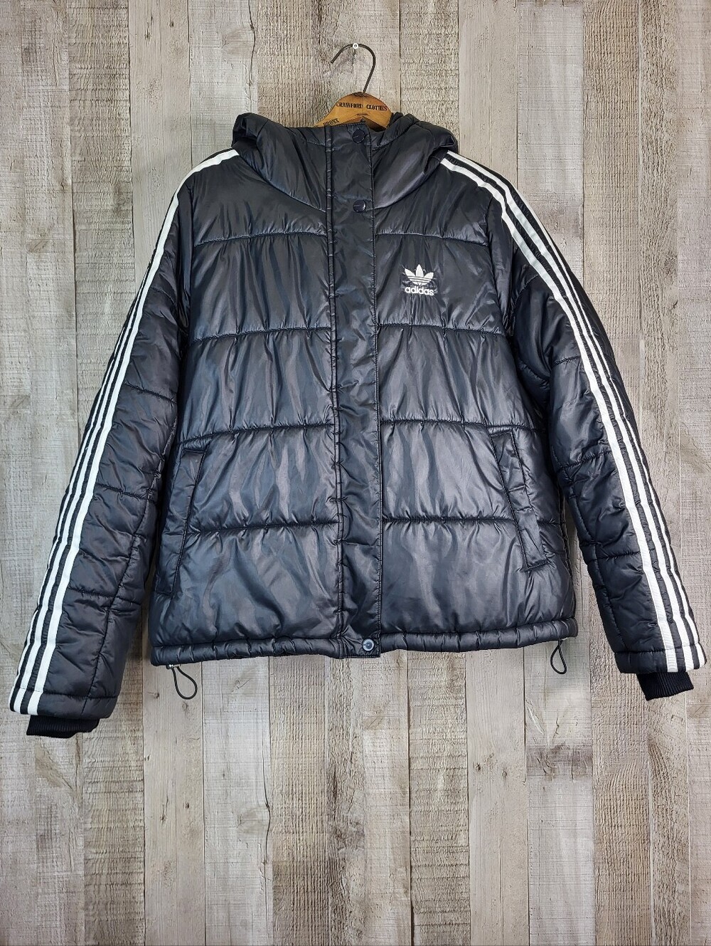 Adidas Black Puffer Jacket with White Stripes. Ladies Size Medium